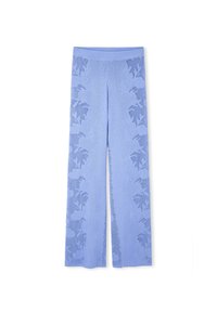 Lichtblauwe wijde broek met een textuur met bloemenpatroon, voorzien van een comfortabele tailleband en een relaxte pasvorm.