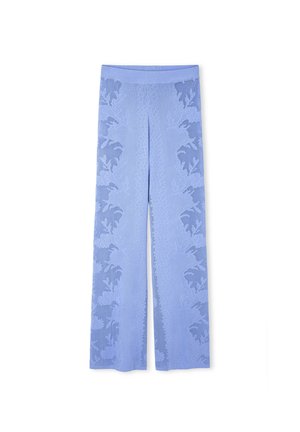 Lichtblauwe wijde broek met een textuur met bloemenpatroon, voorzien van een comfortabele tailleband en een relaxte pasvorm.