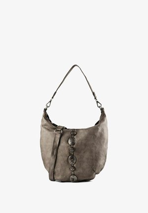 Borsa a tracolla in morbida pelle grigia con bottoni decorativi argentati sul davanti e tracolla lunga e regolabile.