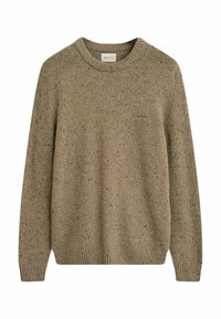 Braun gefleckter Strick-Pullover mit Rundhalsausschnitt, gerippten Bündchen und Saum, gesticktes Markenlogo auf der linken Brust.