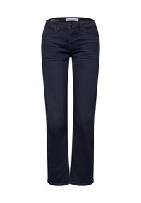 Vaqueros ajustados casuales de color azul oscuro hechos de denim, con cremallera, cierre de botón y diseño estándar de 5 bolsillos.