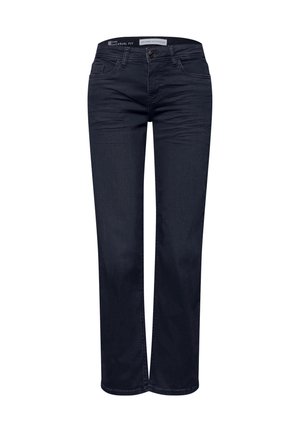 Tmavě modré džíny s běžným střihem z denimu, s rozepínáním na zip, zapínáním na knoflík a standardním pětikapsovým designem.