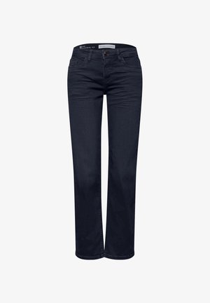 Jean décontracté bleu foncé en denim, avec fermeture éclair, bouton et design standard à 5 poches.