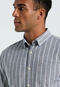 Man met een grijs en witte verticaal gestreepte overhemd met knoopkraag, kijkend naar links tegen een effen achtergrond.