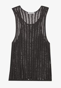 Schwarzes Top aus offenem Strickstoff, mit weitem Ausschnitt, ärmellosem Design und lockerer Passform mit vertikalen Mustern.