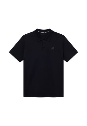 Sort kortærmet polo med krave, tre-knaps åbning og diskret logo på venstre bryst.