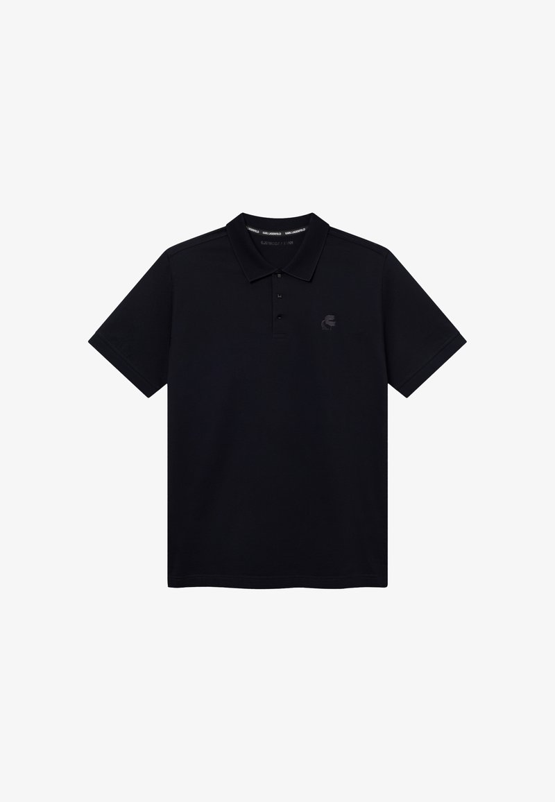Polo noir à manches courtes avec col, patte de boutonnage à trois boutons et logo discret sur le côté gauche de la poitrine.
