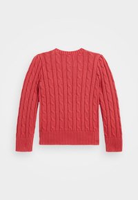 Červený svetr s pleteným vzorem, který má žebrovaný výstřih a manžety. Záda se pyšní texturovaným vzorem a těsným střihem.
