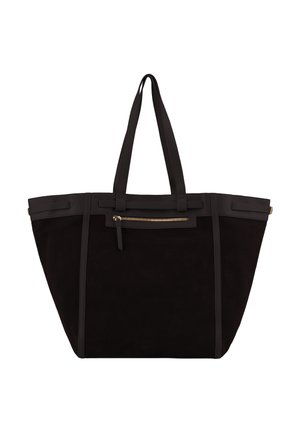 Black tote bag with two long handles, front zip pocket with gold zipper, and structured rectangular shape.