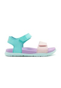 Sandalini per bambini con tomaia sintetica turchese, dettagli rosa e viola, cinturino regolabile e suola in gomma texturizzata.