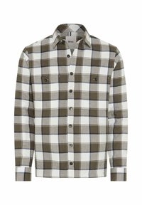Camicia di flanella a quadri in oliva, bianco e grigio. Caratterizzata da tasche sul petto con bottoni, colletto e maniche lunghe. Tessuto testurizzato con motivo a griglia.