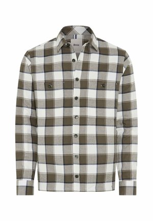 Geverifieerd flanellen overhemd in olijfgroen, wit en grijs. Kenmerken zijn knoopzakken op de borst, een kraag en lange mouwen. Gestructureerde stof met een ruitpatroon.