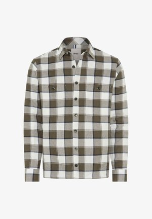 Geverifieerd flanellen overhemd in olijfgroen, wit en grijs. Kenmerken zijn knoopzakken op de borst, een kraag en lange mouwen. Gestructureerde stof met een ruitpatroon.