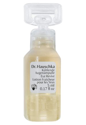 Vial en plastique transparent contenant une lotion pour les yeux jaune clair. L'étiquette présente un texte noir avec les détails du produit. Volume de 5 ml.