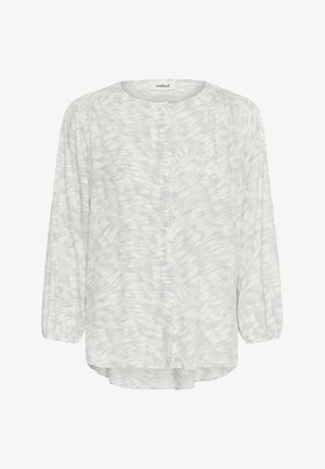 Camicia button-up di colore blu chiaro con maniche lunghe e voluminosi. Presenta un motivo astratto sottile e un orlo curvo. Realizzata in un tessuto leggero.