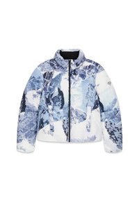 Gevoerde jas met een grafische bergprint in tinten blauw en wit. Beschikt over een hoge kraag, een ritssluiting aan de voorkant en zijzakken.
