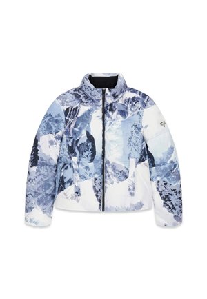 Gepolsterte Jacke mit einem grafischen Bergdruck in Blau- und Weißtönen. Verfügt über einen hohen Kragen, einen Reißverschluss vorne und Seitentaschen.