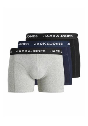 Drei Herren-Boxershorts in Grau, Marineblau und Schwarz mit dem "JACK & JONES" Logo am Bund, nebeneinander gestapelt.