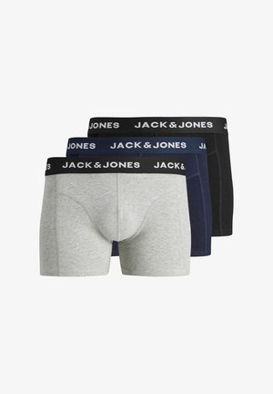 Tre slip jockey da uomo in grigio, blu navy e nero con il logo "JACK & JONES" sull'elastico, impilati uno accanto all'altro.