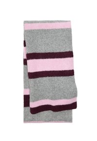 Pasiasty szalik w kolorach szarym, różowym i bordowym. Żebrowana faktura z szerokimi poziomymi paskami i miękkie wykończenie. Prostokątny kształt, złożony.