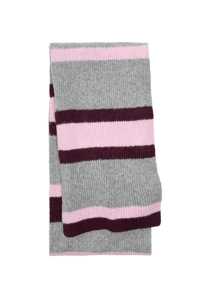 Pasiasty szalik w kolorach szarym, różowym i bordowym. Żebrowana faktura z szerokimi poziomymi paskami i miękkie wykończenie. Prostokątny kształt, złożony.