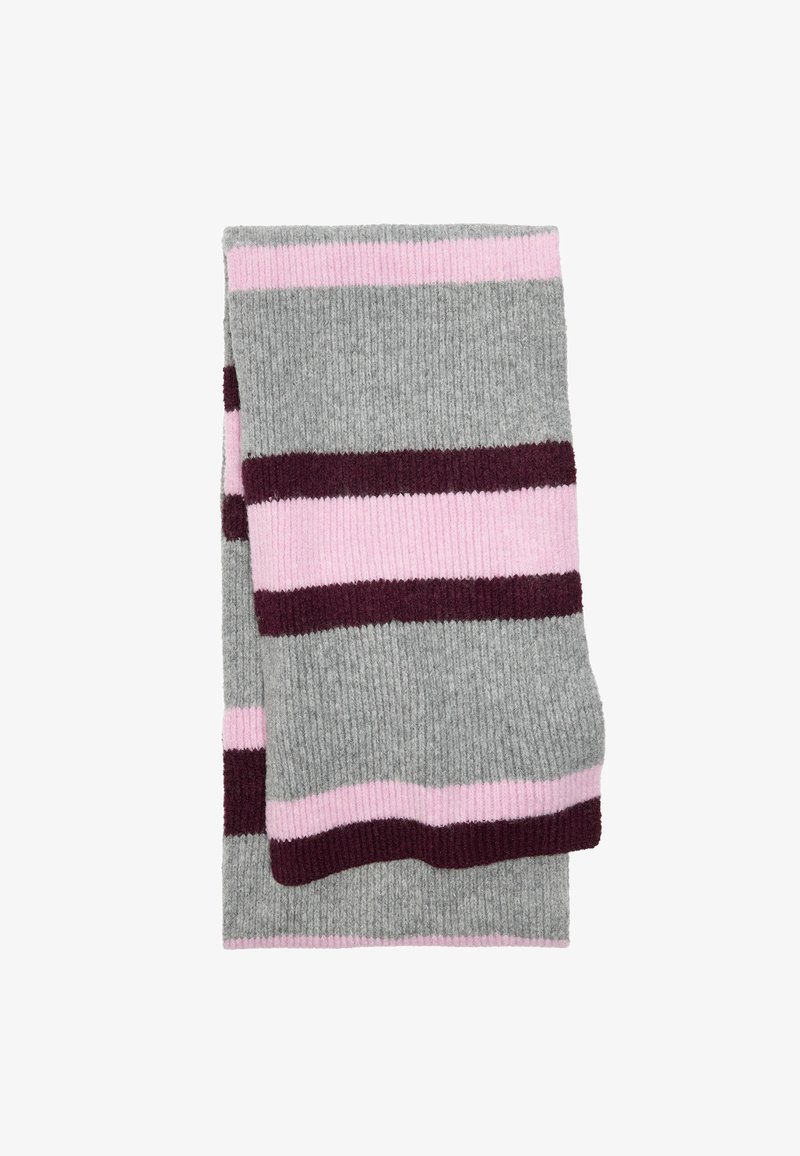 Pasiasty szalik w kolorach szarym, różowym i bordowym. Żebrowana faktura z szerokimi poziomymi paskami i miękkie wykończenie. Prostokątny kształt, złożony.