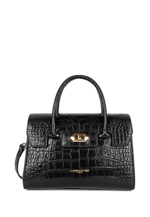 Borsa in pelle nera con finitura a stampa coccodrillo, dal design strutturato, con doppi manici, una tracolla rimovibile e dettagli in hardware dorato.