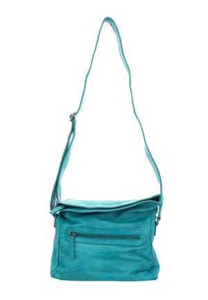 Turquoise leather crossbody bag with adjustable strap and front zipper pocket, shown against a white background.