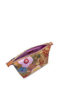 Multicolore bloemen cosmeticatas gemaakt van duurzame stof, met een gouden rits, paarse binnenkant en een gedessineerde buitenkant met een ritssluiting.