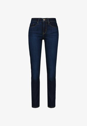 Vaqueros de mezclilla azul oscuro con un corte slim, diseño de cinco bolsillos, cremallera, cierre de botón simple y sutiles acentos de costura amarilla.