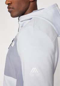 Lys grå idrettshettegenser med glidelås, med mørkere grå paneler, høy krage og "Mountain Athletics"-logo i hvitt på ermet.
