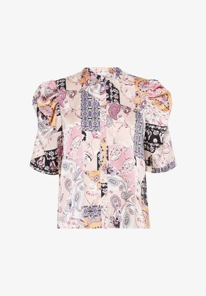 Short-sleeve blouse in light pink, featuring a patchwork design of paisley and floral patterns, with puffed sleeves and a button front.