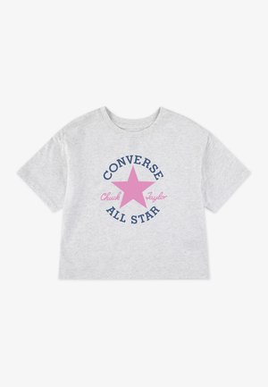 Heather gray short-sleeve t-shirt featuring a pink star graphic and navy text, "CONVERSE" and "ALL STAR," with a casual fit.