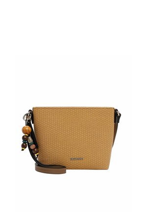 Väike ristikkotiga helepruun ristikkott musta rihmaga ja poolesl pionitest puidust helmestega.