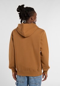 Brown hoodie made of soft fabric, featuring a large hood, ribbed cuffs and hem, and a relaxed fit. Back view shows smooth texture without graphics.