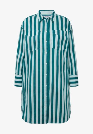 Teal en witte gestreepte jurk met knopen, twee borstzakken en lange mouwen met gestreepte manchetten. Gemaakt van geweven stof.