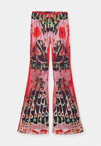 Pantalons colorés à jambes larges avec une taille élastique. Fabriqués en tissu léger, à motifs floraux et abstraits en rouge et vert.