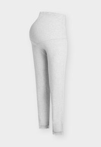 Světlé šedé těhotenské legíny s vysokým pasem, vyrobené z měkké pružné látky. Mají ozdobnou volánkovou krajku na kotníku.