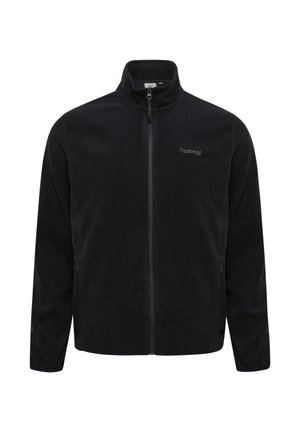 Zwarte fleecejas met volledige ritssluiting, opstaande kraag, zijritszakken en klein "hummel" logo op de linkerbuste.