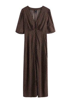 Brun midi-kjole med hvide prikker, V-hals, korte vide ærmer og detaljer med rynket talje.