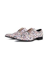 Textured dress shoes in white, gray, and orange geometric pattern. Features brown laces and black soles. Pointed toe and low heel design.