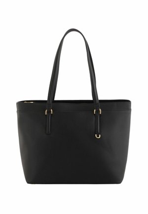 Czarna skórzana torba typu tote z dwoma paskami na ramię i złotym metalowym wykończeniem, prostokątny kształt z zamkiem błyskawicznym u góry.