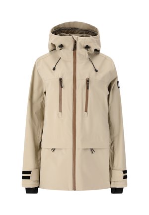 Beige vattentät jacka med huva, dragkedja fram, två bröstfickor, justerbara snörningar och svarta och vita randiga ärmslut.