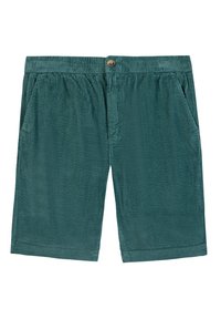 Pantaloni corti in velluto a coste color teal con chiusura a bottone, vita elasticizzata e due tasche laterali. Il tessuto presenta un motivo rigato e testurizzato.