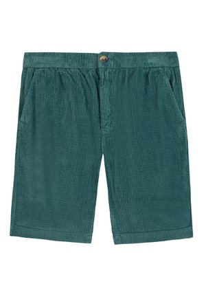 Teal corduroy shorts met een knoopsluiting, elastische tailleband en twee zijzakken. De stof heeft een gestructureerd ribbelpatroon.