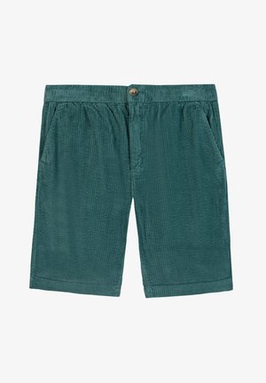 Tealcordshorts aus Cord mit Knopfverschluss, elastischem Bund und zwei Seitentaschen. Der Stoff hat ein strukturiertes Rippmuster.