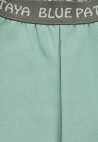 Mint green shorts with a soft texture, featuring a gray waistband that has "BLUE PATAYA" printed in white. Simple design, no patterns.