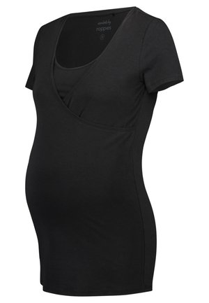 Mustat raskauspaita, joka on valmistettu pehmeästä puuvillasta. Siinä on lyhyet hihat ja ristikkäissuunnittelu, joka tarjoaa mukavuutta ja helppoa imetysmahdollisuutta.