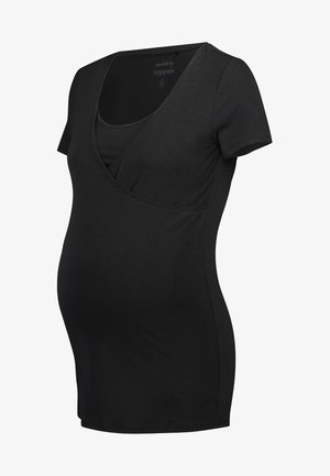 Top de maternité noir en coton doux. Il a des manches courtes et un design croisé, permettant confort et accès facile à l'allaitement.