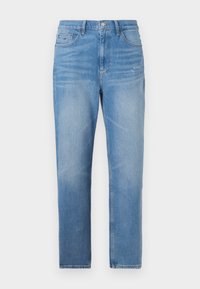 Jeans de mezclilla azul claro con un corte recto, lavado desgastado y cremallera en la bragueta. Cuenta con cinco bolsillos y un parche de marca en la cintura trasera.